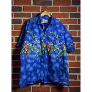 KY’s Hawaiian Shirt Parrot & Palm Tree Print – Blue – Size L Made in Hawaii